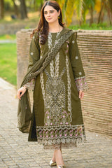 LIBAAS-3PC KARANDI EMBROIDERED SHIRT WITH KARANDI EMBROIDERED SHAWL & EMB TROUSER-ADR-4298