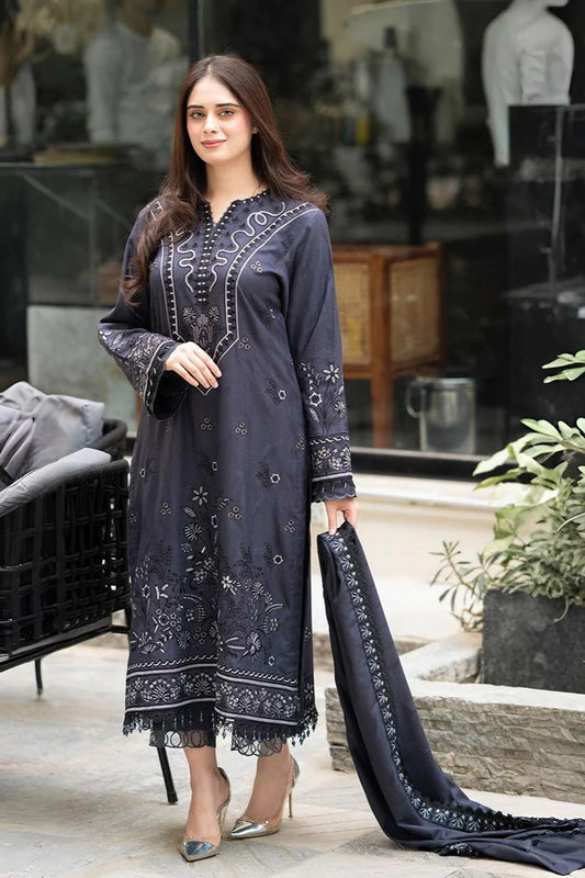 LIBAAS-3PC DHANAK EMBROIDERED SHIRT WITH DHANAK EMBROIDERED SHAWL & TROUSER-ADR-4223