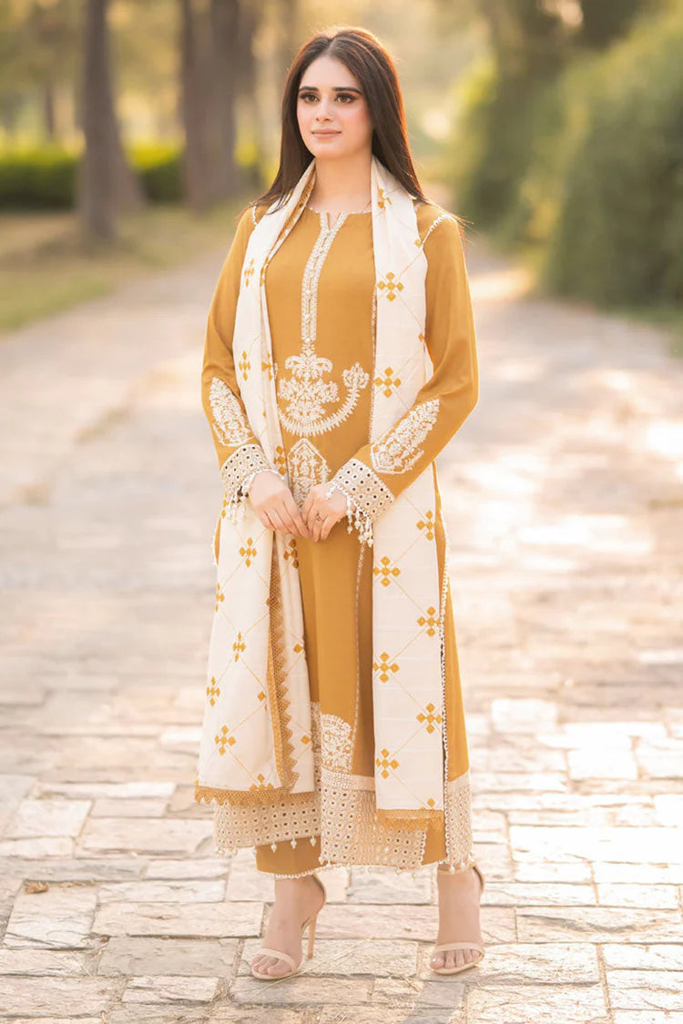 LIBAAS-3PC DHANAK EMBROIDERED SHIRT WITH COURTRAI WOOL PRINTED SHAWL AND TROUSER-ADR-4281