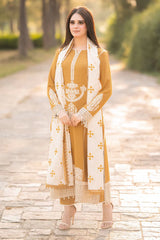 LIBAAS-3PC DHANAK EMBROIDERED SHIRT WITH COURTRAI WOOL PRINTED SHAWL AND TROUSER-ADR-4281