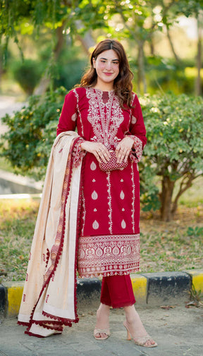 HANA- 3PC DHANAK EMBROIDERED SHIRT WITH COUTURE PRINT SHAWL AND TROUSER-ADR- 3153