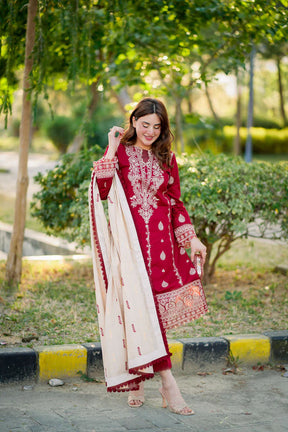 HANA- 3PC DHANAK EMBROIDERED SHIRT WITH COUTURE PRINT SHAWL AND TROUSER-ADR- 3153