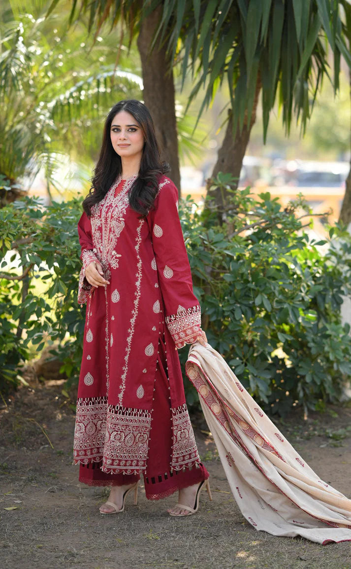 HANA- 3PC DHANAK EMBROIDERED SHIRT WITH COUTURE PRINT SHAWL AND TROUSER-ADR- 3153