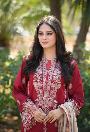 HANA- 3PC DHANAK EMBROIDERED SHIRT WITH COUTURE PRINT SHAWL AND TROUSER-ADR- 3153