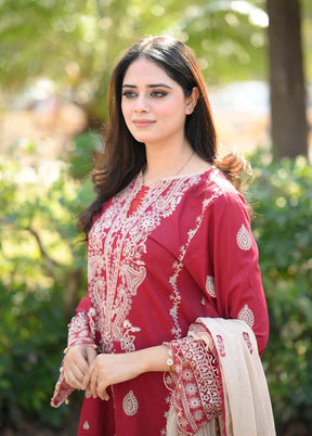 HANA- 3PC DHANAK EMBROIDERED SHIRT WITH COUTURE PRINT SHAWL AND TROUSER-ADR- 3153