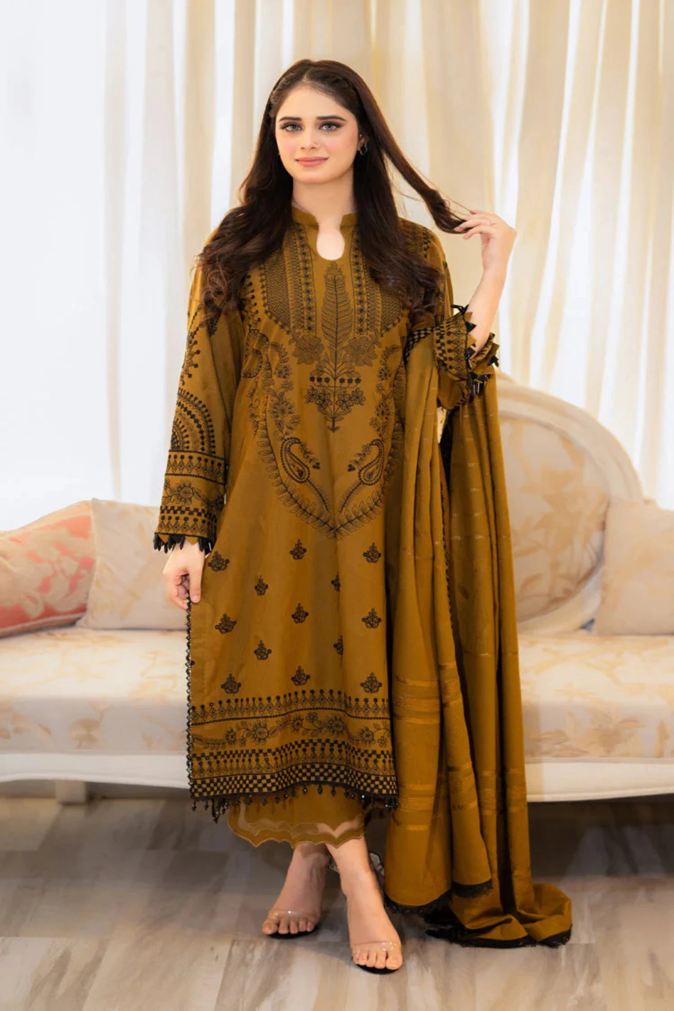 LIBAAS-3PC DHANAK EMBROIDERED SHIRT WITH VELVET DHANAK EMBROIDERED SHAWL & TROUSER-ADR-3386