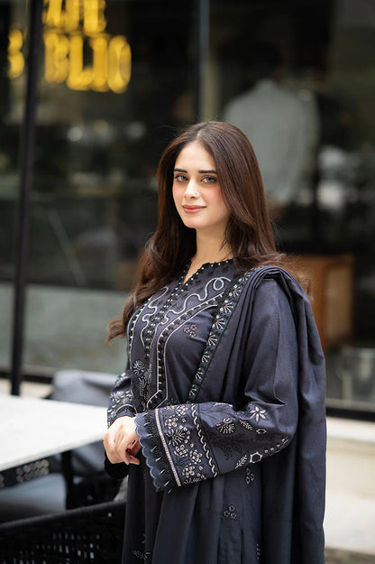LIBAAS-3PC DHANAK EMBROIDERED SHIRT WITH DHANAK EMBROIDERED SHAWL & TROUSER-ADR-4223