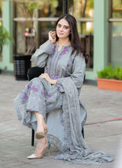LIBAAS-3PC DHANAK EMBROIDERED SHIRT WITH DHANAK SHAWL AND TROUSER ADR-4069