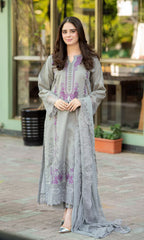 LIBAAS-3PC DHANAK EMBROIDERED SHIRT WITH DHANAK SHAWL AND TROUSER ADR-4069