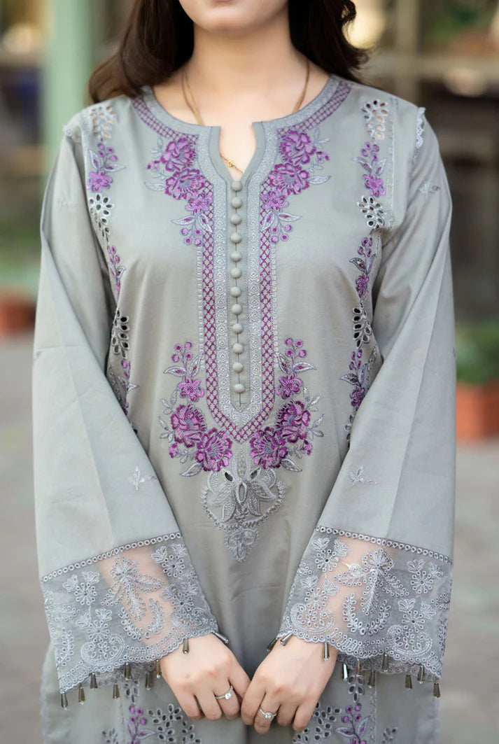 LIBAAS-3PC DHANAK EMBROIDERED SHIRT WITH DHANAK SHAWL AND TROUSER ADR-4069
