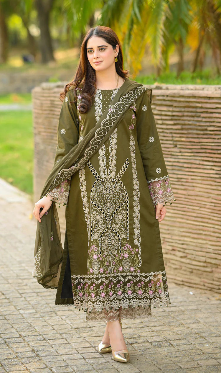 LIBAAS-3PC KARANDI EMBROIDERED SHIRT WITH KARANDI EMBROIDERED SHAWL & EMB TROUSER-ADR-4298
