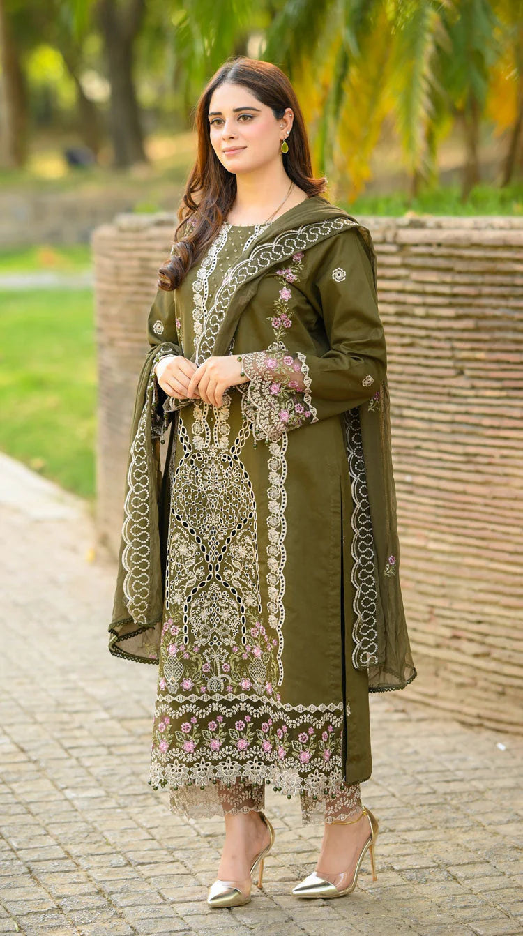 LIBAAS-3PC KARANDI EMBROIDERED SHIRT WITH KARANDI EMBROIDERED SHAWL & EMB TROUSER-ADR-4298