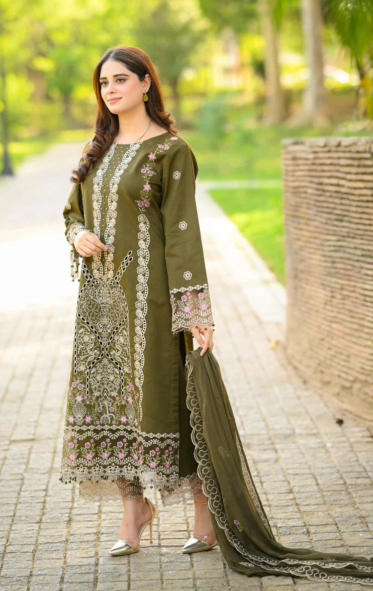 LIBAAS-3PC KARANDI EMBROIDERED SHIRT WITH KARANDI EMBROIDERED SHAWL & EMB TROUSER-ADR-4298