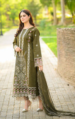 LIBAAS-3PC KARANDI EMBROIDERED SHIRT WITH KARANDI EMBROIDERED SHAWL & EMB TROUSER-ADR-4298