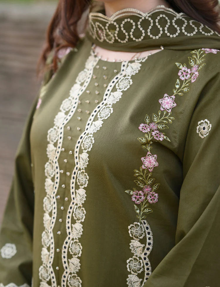 LIBAAS-3PC KARANDI EMBROIDERED SHIRT WITH KARANDI EMBROIDERED SHAWL & EMB TROUSER-ADR-4298