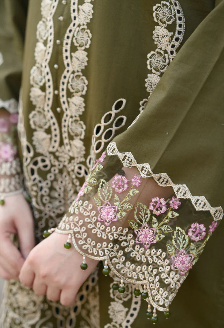 LIBAAS-3PC KARANDI EMBROIDERED SHIRT WITH KARANDI EMBROIDERED SHAWL & EMB TROUSER-ADR-4298