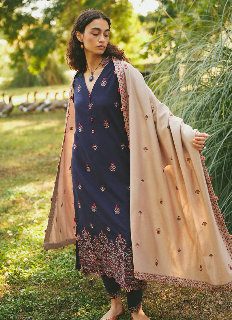 MARIA B- 3PC DHANAK EMBROIDERED SHIRT WITH DHANAK EMBROIDERED SHAWL -ADR-3115