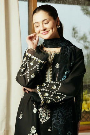 ZAHRA SHAHJAHAN- 3PC LAWN EMBROIDERED SHIRT WITH DIAMOND PRINT DUPATTA-ADR-2853-BLACK