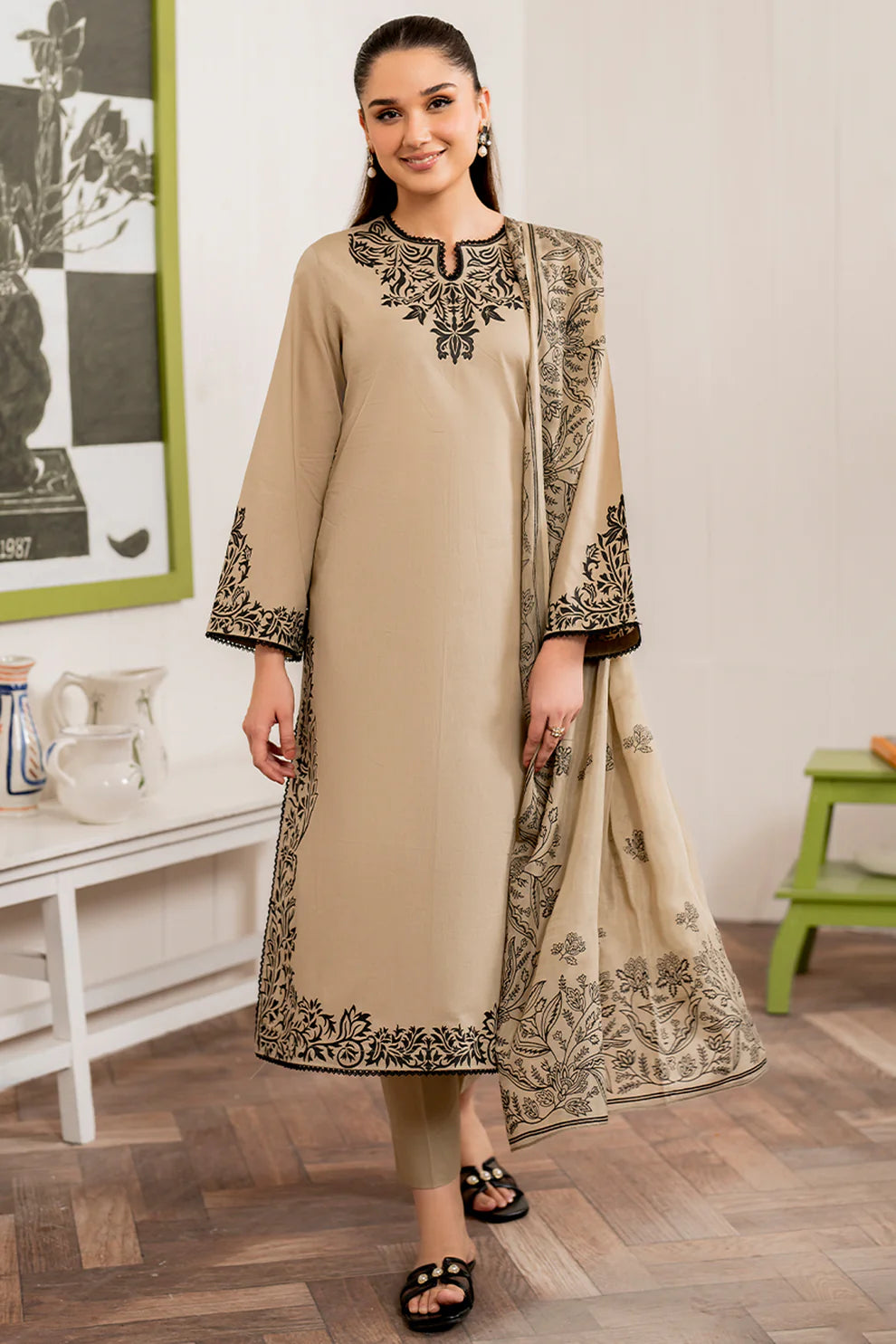 GRANEUT-3PC DHANAK EMBROIDERED SHIRT WITH COUTURE PRINT SHAWL AND TROUSER-ADR-3155