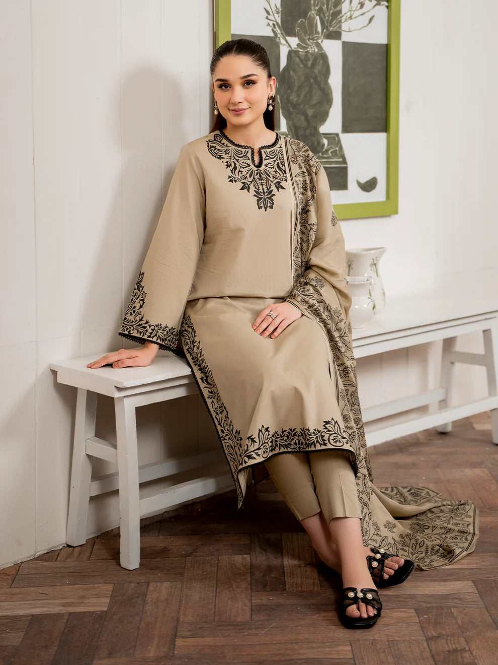 GRANEUT-3PC DHANAK EMBROIDERED SHIRT WITH COUTURE PRINT SHAWL AND TROUSER-ADR-3155