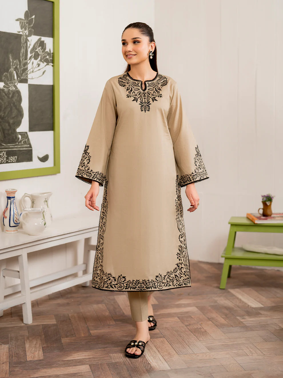 GRANEUT-3PC DHANAK EMBROIDERED SHIRT WITH COUTURE PRINT SHAWL AND TROUSER-ADR-3155