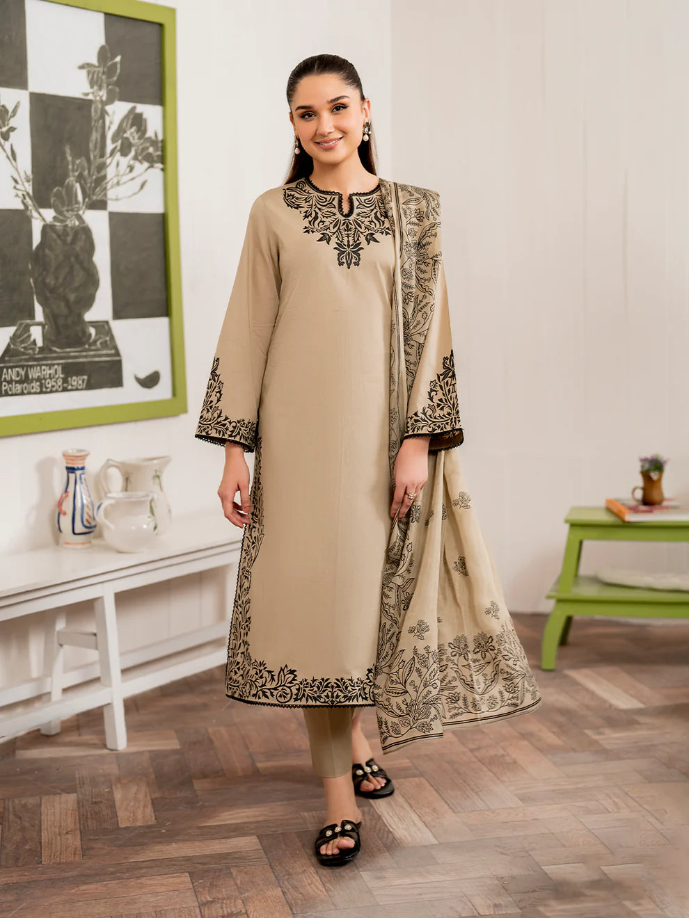 GRANEUT-3PC DHANAK EMBROIDERED SHIRT WITH COUTURE PRINT SHAWL AND TROUSER-ADR-3155