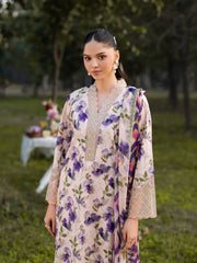 GARNET-3PC LAWN PRINTED EMB SHIRT WITH SILK PRINTED DUPATTA AND PRINTED TROUSER-ADR-045