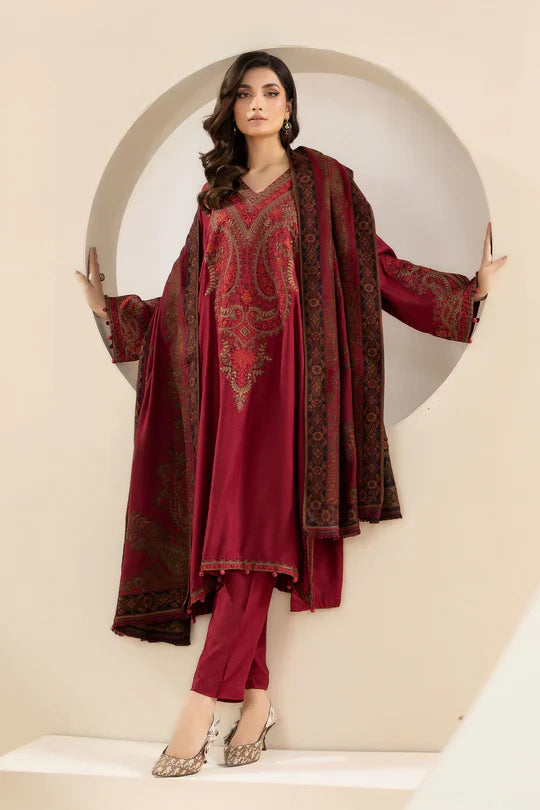 MARIA B-3PC KHADDAR EMBROIDRED SHIRT WITH WOOL PRINT SHAWL AND TROUSER-ADR-3268 B