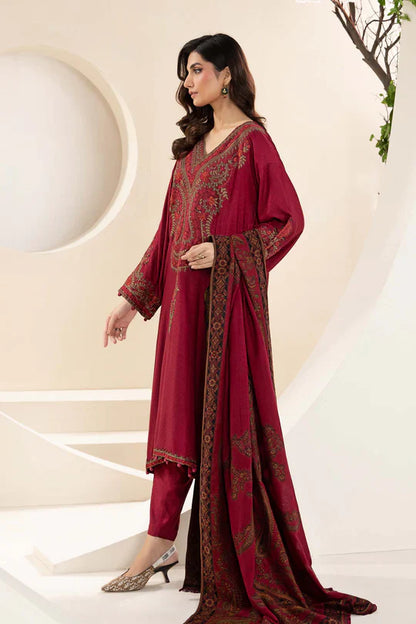 MARIA B-3PC KHADDAR EMBROIDRED SHIRT WITH WOOL PRINT SHAWL AND TROUSER-ADR-3268 B