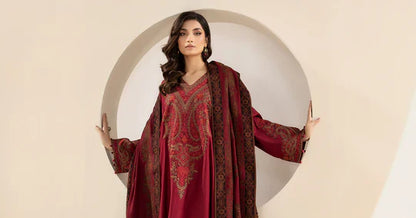 MARIA B-3PC KHADDAR EMBROIDRED SHIRT WITH WOOL PRINT SHAWL AND TROUSER-ADR-3268 B