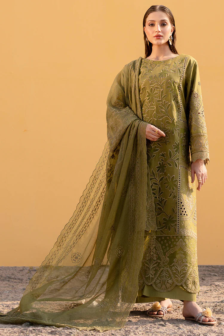MAHNUR-3PC LAWN LASER WORK EMBROIDERED SHIRT WITH KHAADI NET EMBROIDERED DUPATTA AND TROUSER -ADR-4742
