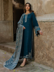 IZEL-3PC KHADDAR EMBROIDERED SHIRT WITH COURTRAI PRINTED SHAWL & TROUSER-ADR-4369