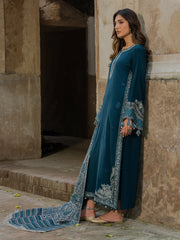 IZEL-3PC KHADDAR EMBROIDERED SHIRT WITH COURTRAI PRINTED SHAWL & TROUSER-ADR-4369