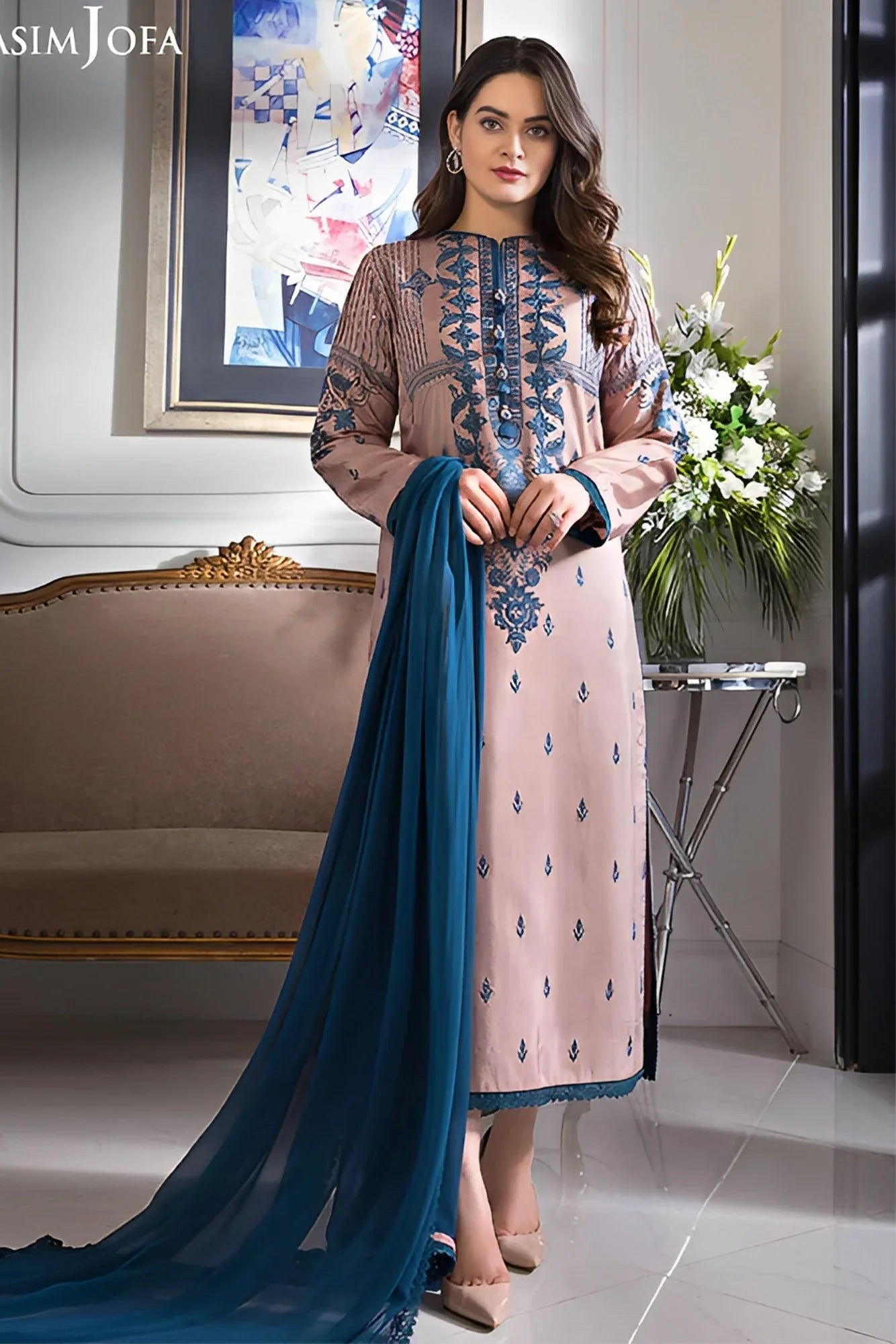ASIM JOFA-3PC DHANAK EMBROIDERED SHIRT WITH BAMBER CHIFFON DUPATTA-ADR-4079