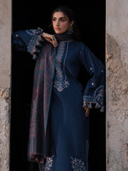 IZEL-3PC DHANAK EMBROIDERED SHIRT WITH COURTRAI PRINTED SHAWL & TROUSER-ADR-4350