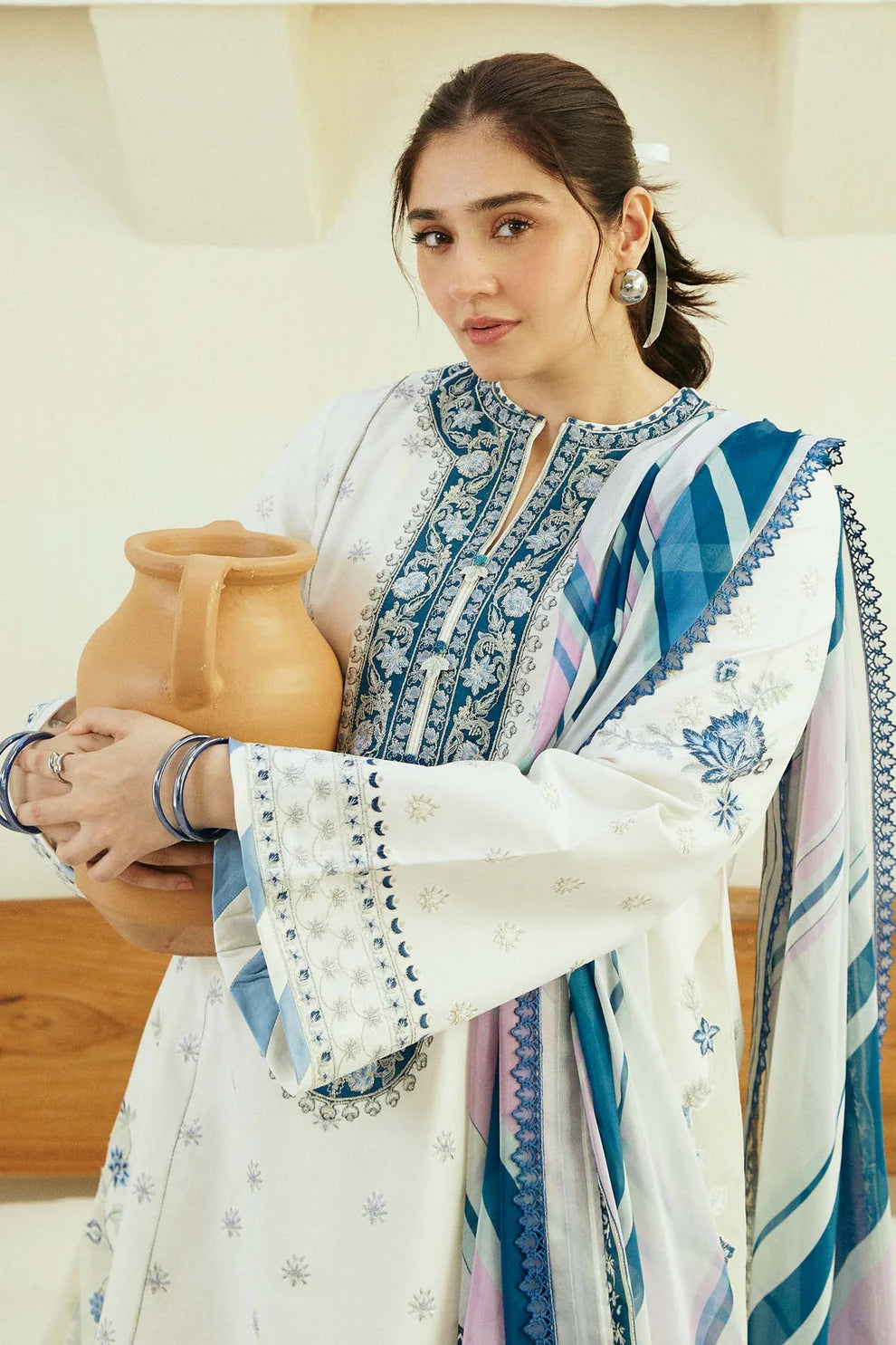 ZAHRA SHAHJAHAN- 3PC DHANAK EMBROIDERED SHIRT WITH WOOL PRINT SHAWL-ADR-3144