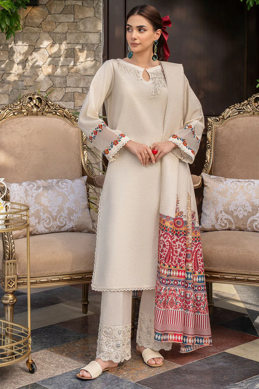GHAZAL- 3PC DHANAK EMBROIDERED SHIRT WITH WOOL PRINT SHAWL AND TROUSER-ADR-3151