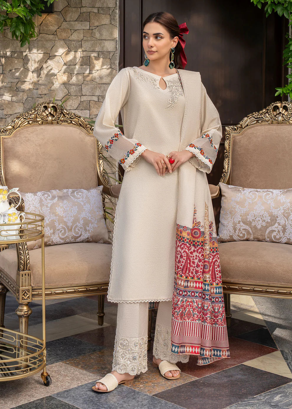 GHAZAL- 3PC DHANAK EMBROIDERED SHIRT WITH WOOL PRINT SHAWL AND TROUSER-ADR-3151