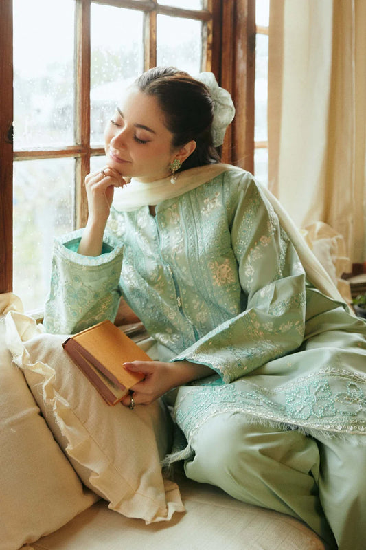 ZARA SHAHJAHAN-3PC DHANAK EMBROIDERED SHIRT WITH CORTRAI WOOL PRINTED SHAWL AND EMB TROUSER-ADR-4112