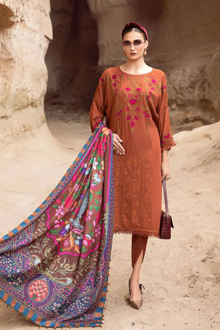 MARIA-B- 3PC DHANAK EMBROIDERED SHIRT WITH COURTRAI PRINTED SHAWL AND TROUSER-ADR-1203
