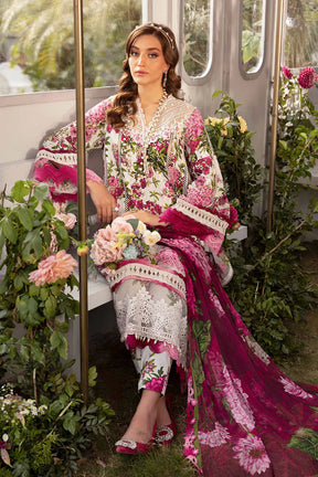 MARIA.B-3PC LAWN PRINTED EMB SHIRT WITH CHIFFON PRINT DUPATTA AND PRINT TROUSER-ADR-2529