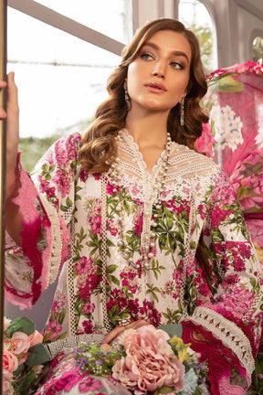 MARIA.B-3PC LAWN PRINTED EMB SHIRT WITH CHIFFON PRINT DUPATTA AND PRINT TROUSER-ADR-2529
