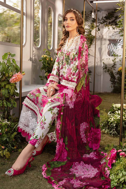 MARIA.B-3PC LAWN PRINTED EMB SHIRT WITH CHIFFON PRINT DUPATTA AND PRINT TROUSER-ADR-2529