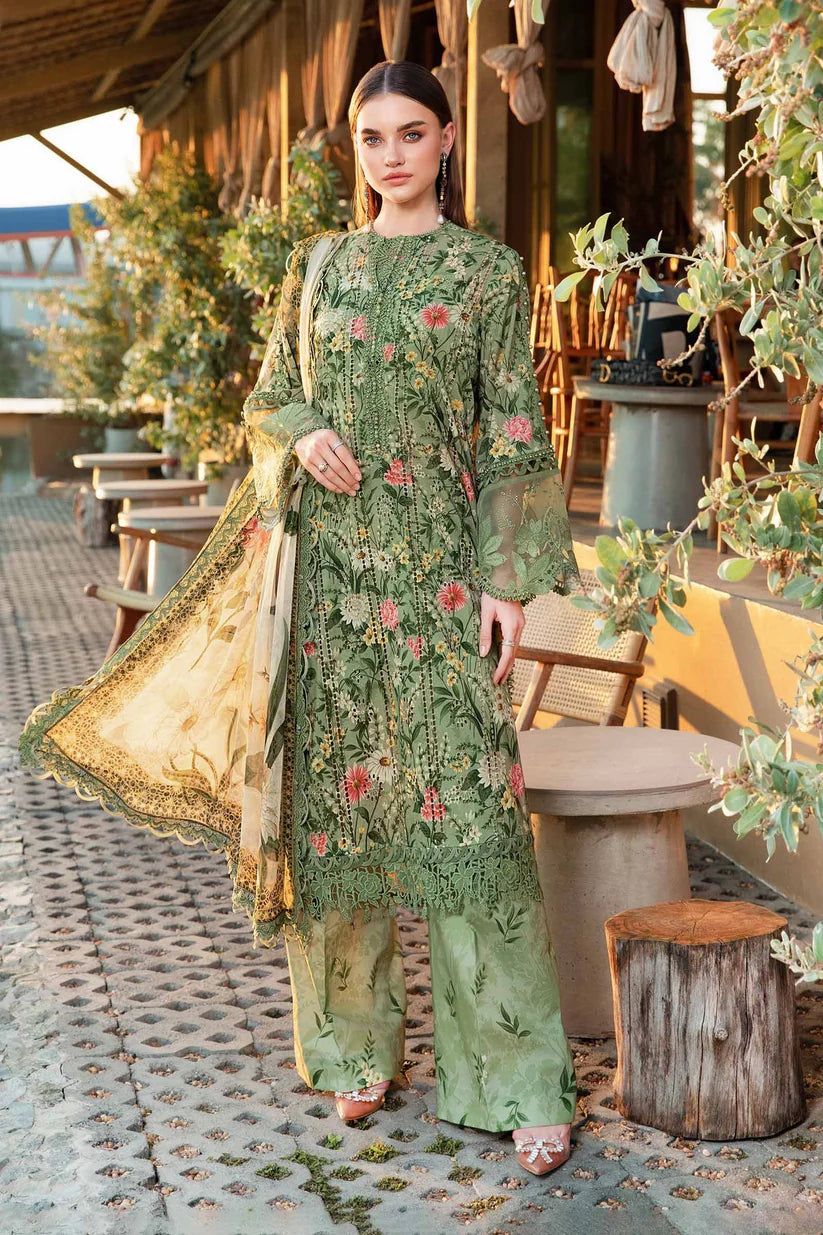MARIA.B-3PC LAWN PRINTED EMB SHIRT WITH CHIFFON PRINT DUPATTA AND PRINT TROUSER-ADR-2506