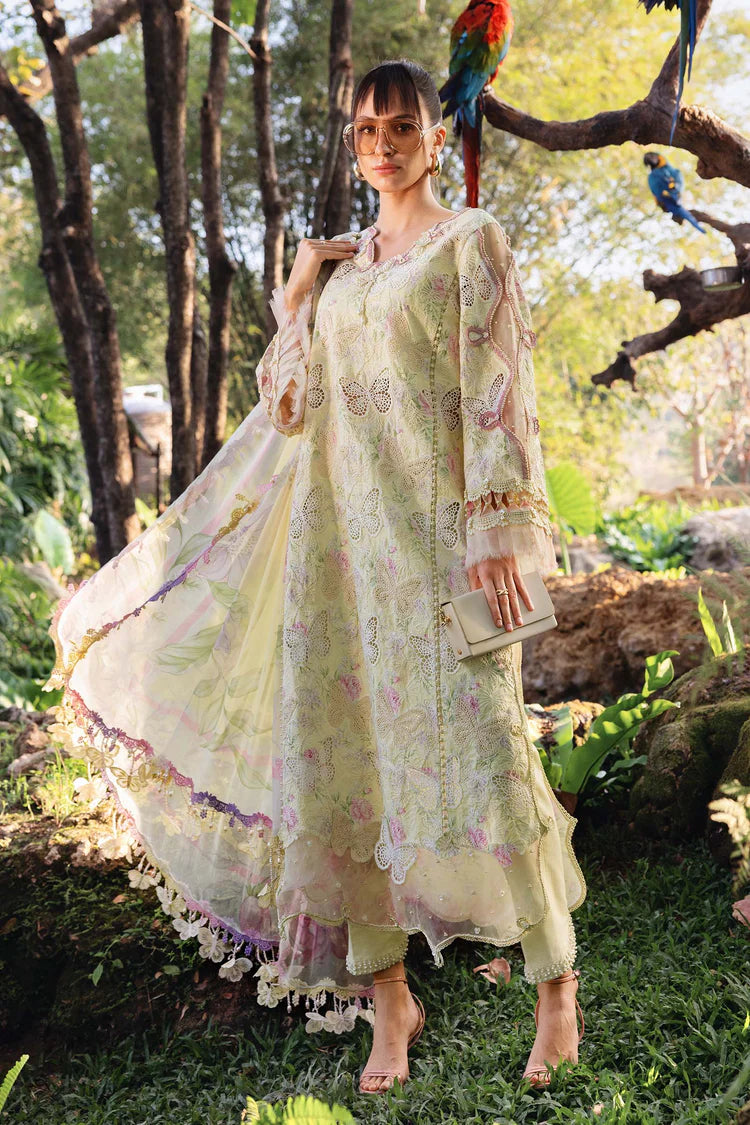 MARIA.B-3PC LAWN PRINTED CHIKAN EMB SHIRT WITH SILK PRINTED DUPATTA AND TROUSER-ADR-034
