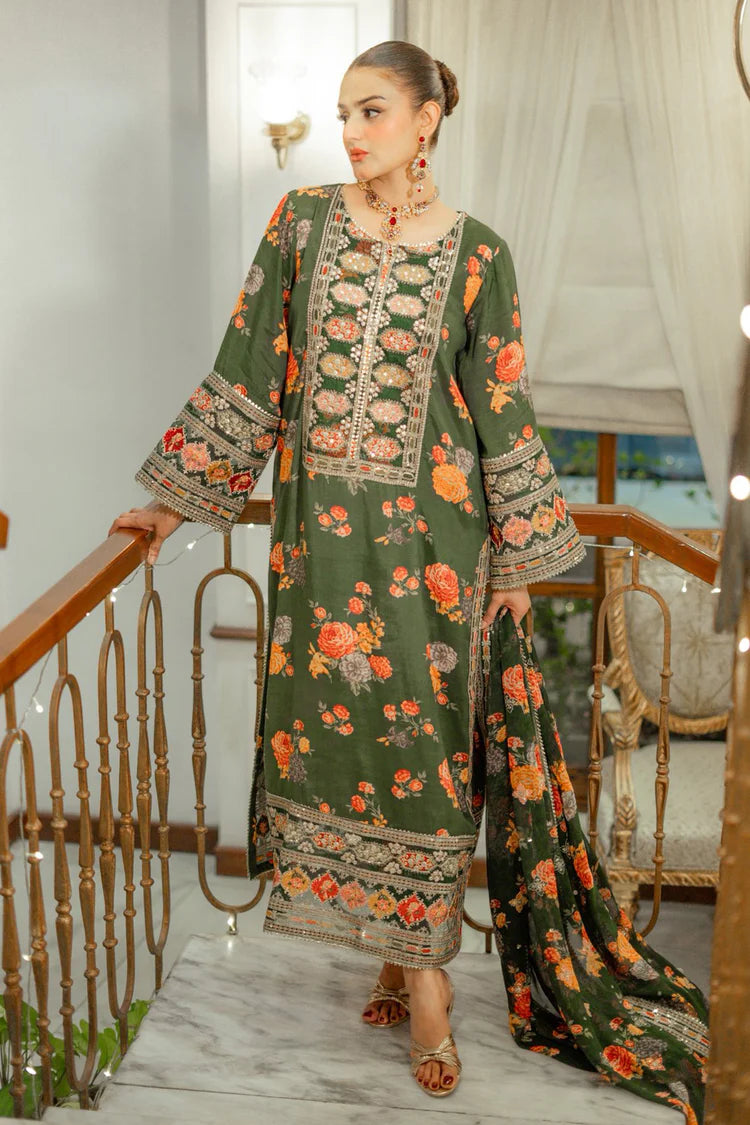 BAROQUE-3PC SHAMOZE SILK PRINTED EMBROIDERED SHIRT WITH SOFT SILK PRINTED EMB DUPATTA & PRINTED TROUSER-ADR-1739