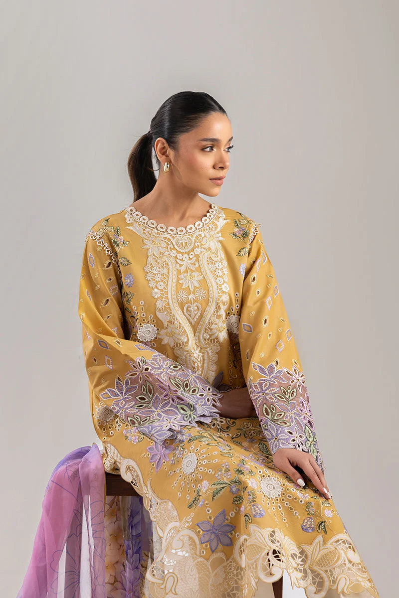 MUSHQ-3PC DHANAK CHIKAN EMBROIDERED SHIRT WITH COURTRAI PRINTED SHAWL & EMB TROUSER-ADR-4088