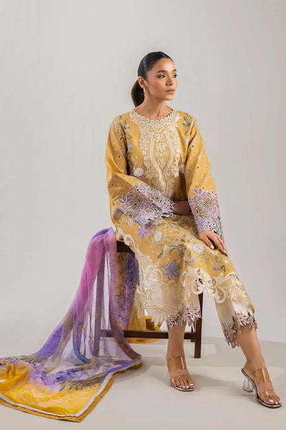 MUSHQ-3PC DHANAK CHIKAN EMBROIDERED SHIRT WITH COURTRAI PRINTED SHAWL & EMB TROUSER-ADR-4088