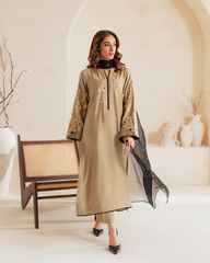 VINTAGE-3PC DHANAK EMBROIDERED SHIRT WITH CHIFFON EMB DUPATTA AND TROUSER-ADR-4292