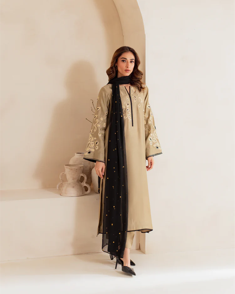 VINTAGE-3PC DHANAK EMBROIDERED SHIRT WITH CHIFFON EMB DUPATTA AND TROUSER-ADR-4292